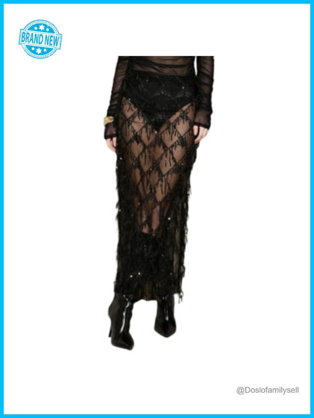 Sequin Fringe Maxi Skirt High Waist Side Slit A-Line Rave Party